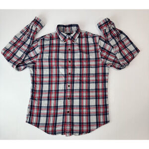 Lands End Plaid Flannel Shirt Men Medium Tailored Fit Red Blue Button Cabincore